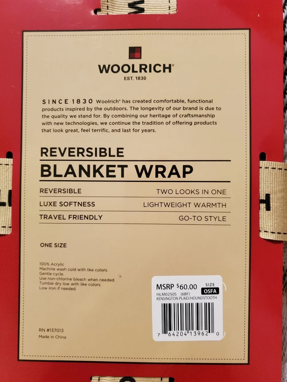 Woolrich Reversible Blanket Wrap Red Black White NWT